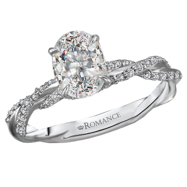 Romance This engagement ring features a twisted shank crafted in high polished 14kt white gold that surrounds the oval center shape setting. (D 1/4 carat total weight)