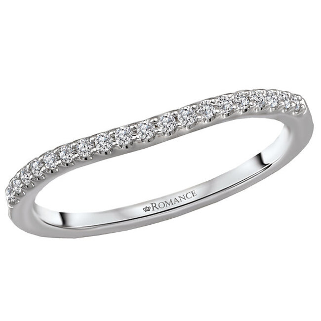Romance This is a curved matching wedding band created with round faceted diamonds set in high polished 14kt white gold. (D 1/8 carat total weight)