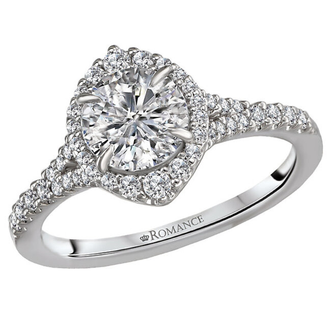 Romance Beautiful halo ring features round faceted diamonds set in high polished 14k white gold. (D 1/4 carat total weight) This ring is a SEMI-MOUNT and it comes with NO CENTER STONE as shown but it will accommodate a 6.5mm round center stone.
