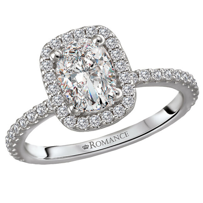 Romance Beautiful bridal ring features an oval halo lined with round faceted diamonds set in high polished 14k white gold. (D 1/3 carat total weight)