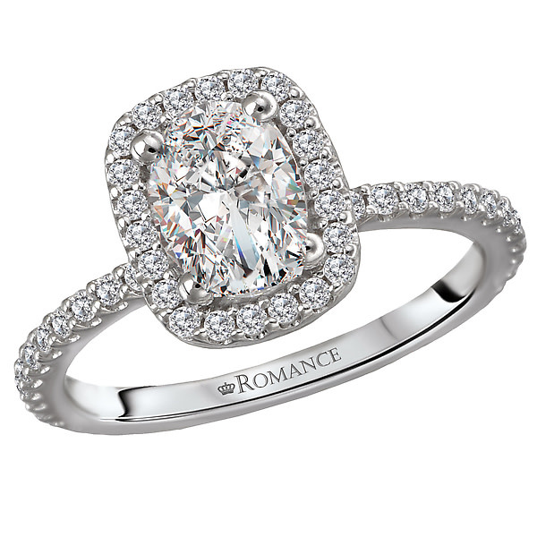 Romance Beautiful bridal ring features an oval halo lined with round