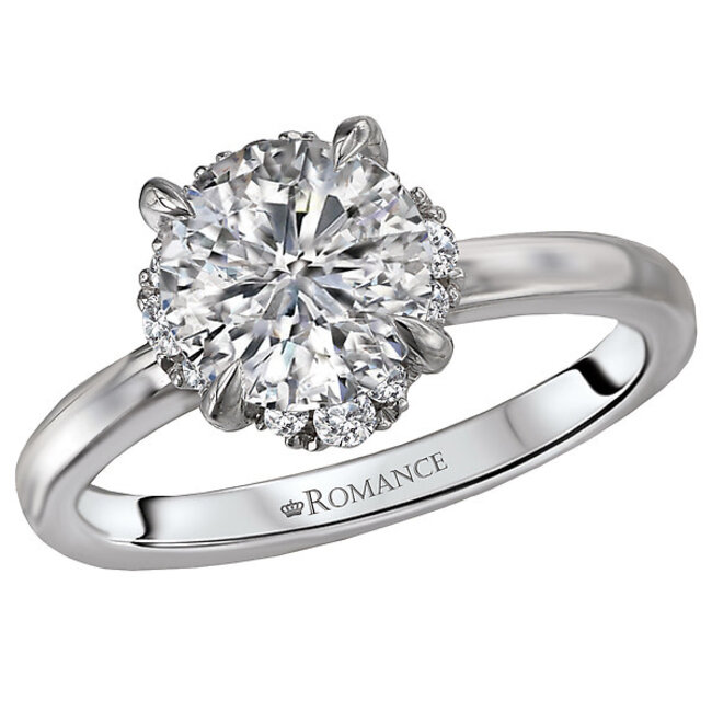 Romance Bridal ring features a round halo of faceted diamonds set in high polished 14kt white gold. (D 1/5 carat total weight) This ring is a SEMI-MOUNT and it comes with NO CENTER STONE as shown but it will accommodate a 7.3mm round center stone.
