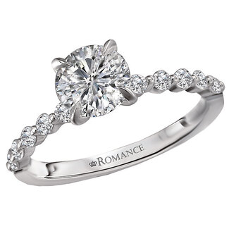 Romance Classic bridal ring created in 14k white gold features round sparkling diamonds. (D 1/3 carat total weight) ) This ring is a SEMI-MOUNT and it comes with NO CENTER STONE as shown but it will accommodate a 6.5mm round center stone.
