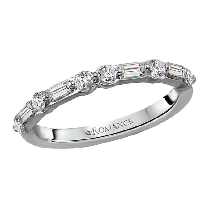 Romance This is a matching wedding band with round and baguette faceted diamonds set in 14kt white gold. (D 3/8 carat total weight)