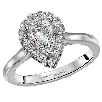 Romance This is a beautiful semi-mount engagement ring is crafted in high polished 14kt white gold with a diamond halo surrounding a center setting that will accommodate a 8x5mm pear shaped diamond. (D 1/4 carat total weight)