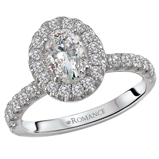 Romance This oval shaped semi-mount halo bridal ring is crafted in 14kt white gold with round faceted diamonds and a peg head center that will accommodate a 7x5mm oval diamond. (D 5/8 carat total weight)