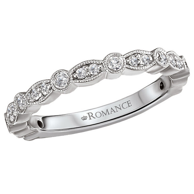 Romance This is a matching faceted diamond wedding band with milgrain crafted in 14kt white gold. (D 1/4 carat total weight)
