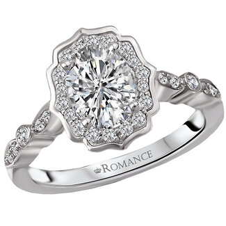 Romance This Elegant Ring Features a Scalloped Oval Halo and Shank lined with Milgrain and Sparkling Round Diamonds Set in High Polished 14k White Gold. (D 7x5mm carat total weight)