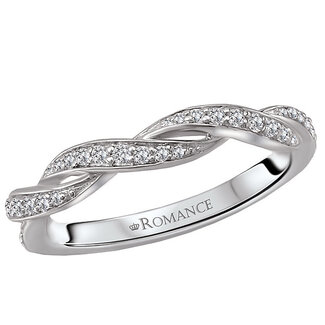 Romance This is a matching wedding band is created with a twisted shank lined with graduated round diamonds set in 14kt white gold. (D 1/6 carat total weight)