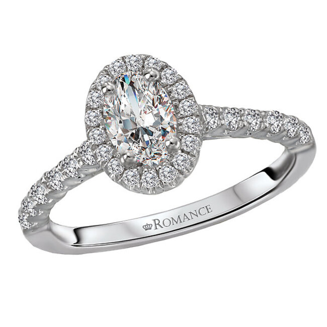 Romance Dazzling engagement ring created in high polished 14k white gold showcases round brilliant cut diamonds surrounding the center setting that will accommodate an oval 6.5x4.5mm diamond center. (D 1/3 carat total weight