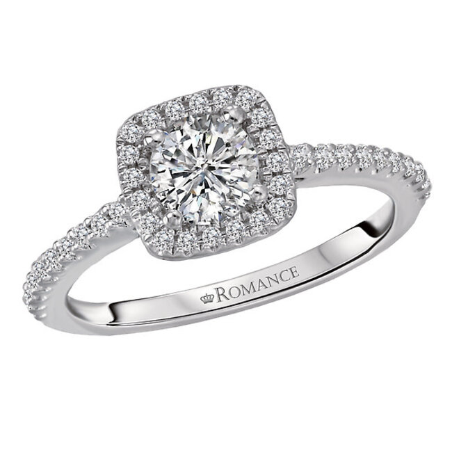 Romance This elegant bridal ring features a cushion shaped halo and a shank lined with sparkling round diamonds. These are set in high polished 14k white gold and surround a center setting that will accommodate a 5.2MM round diamond.  (D 1/5 carat total weight)