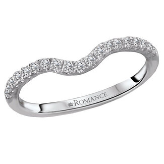 Romance This curved matching wedding band features round faceted diamonds set in 14k white gold. (D 1/5 carat total weight)