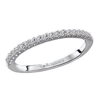 Romance This is a matching wedding band with round diamonds created in 14kt white gold. (D 1/7 carat total weight)