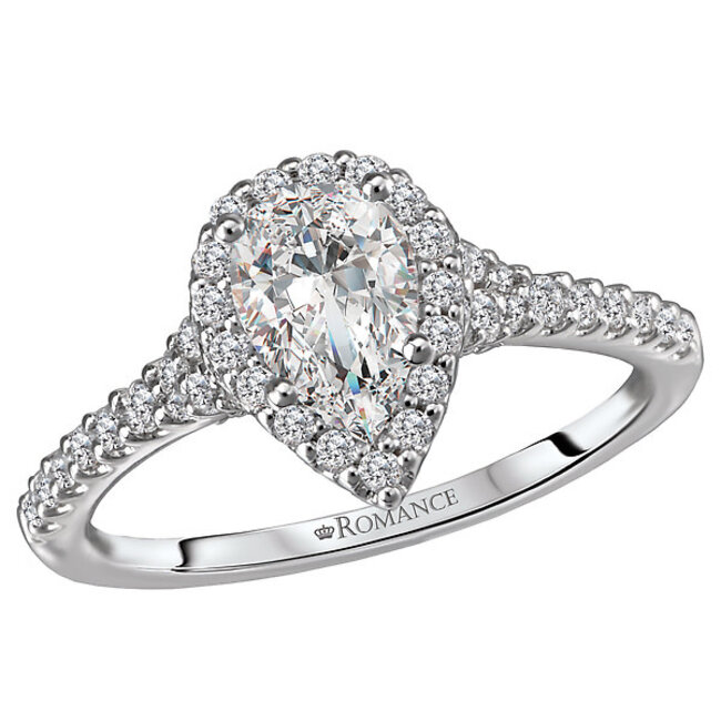 Romance Lining the shank of this amazing halo beauty are sparkling brilliant cut diamonds set in high polished 14kt white gold. This engagement ring includes a 7.5mm pear shaped diamond center.