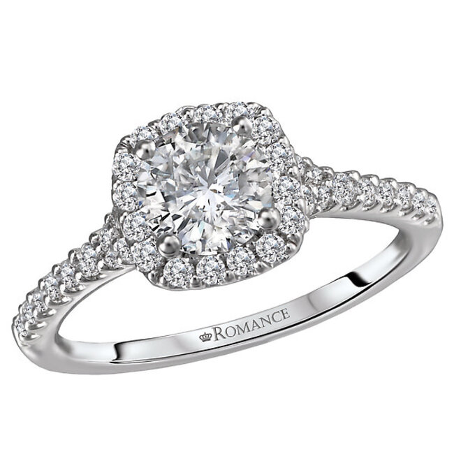 Romance Beautifully crafted from 14kt white gold, this semi mount engagement ring can accommodate a 5.8mm round stone of your choosing and is surrounded by brilliant cut sparkling diamonds. (D 3/8 carat total weight)