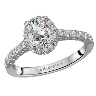 Romance Elegant engagement ring features an oval halo created with sparkling diamonds set in 18k high polished white gold. (D 1/3 carat total weight) This SEMI-MOUNT ring comes with NO CENTER STONE but it will accommodate a 7x5mm oval center.