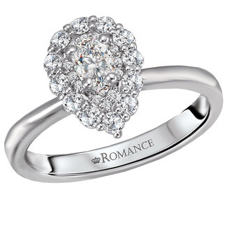 Romance Haloed ring is lined with shimmering diamonds encompassing the center stone set in high polished 14k white gold. This includes the pear shaped 5.5x3.5mm center stone as shown.