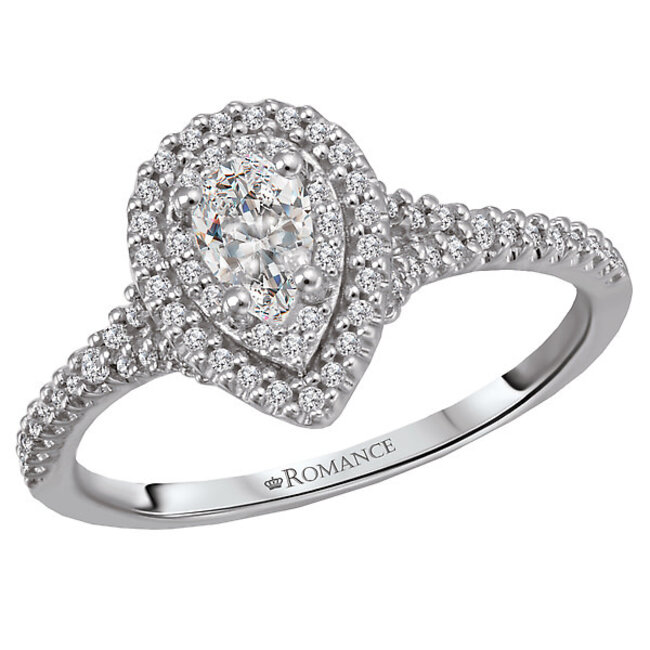 Romance This double haloed ring with a split shank is beautifully crafted in high polished 14kt white gold lined with round faceted diamonds. (D 1/2 carat total weight) This includes the 5.5x3.5mm pear center stone.