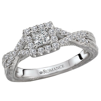 Romance Round faceted diamonds outline this square halo bridal ring with braided shank created in high polished 14k white gold. (D 1/2 carat total weight) This includes the 1/5ct princess diamond center.