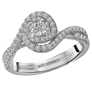 Romance This unique swirled design bridal ring showcases 58 round faceted diamonds surrounding the center stone set in high polished 14k white gold.  (D 1/2 carat total weight) This includes the 3.73-4.07mm center stone as shown.