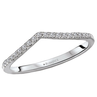Romance This curved wedding band features round faceted diamonds set in 14kt white gold. (D 1/10 carat total weight)