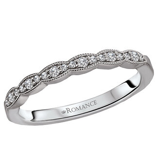 Romance Matching scalloped wedding band with milgrain detail and  round faceted diamonds set in high polished 14k white gold. (D 1/8 carat total weight)