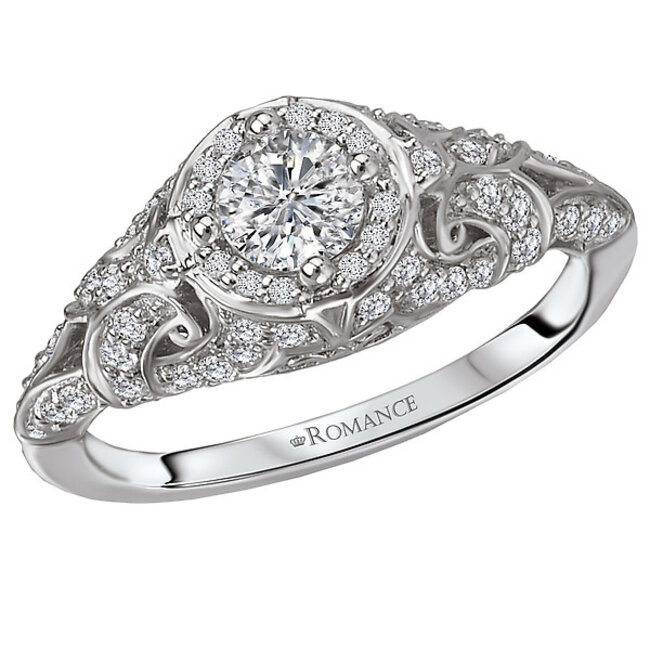 Romance Vintage Style Diamond Ring in 14kt White Gold. (D 3/8 carat total weight) This item is a SEMI-MOUNT and it comes with NO CENTER STONE as shown but it will accommodate a 4.8-5.2mm round center stone.