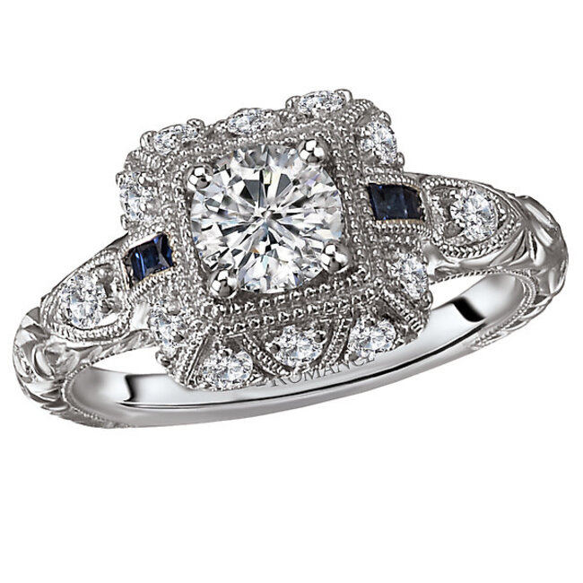 Romance Vintage Style Diamond and Sapphire Ring in 14kt White Gold with Milgrain and Engraving Detail. (D 5/8 carat weight and S. 08 carat weight) This Includes a Round Center Stone of D 3/8 carat weight as Shown.