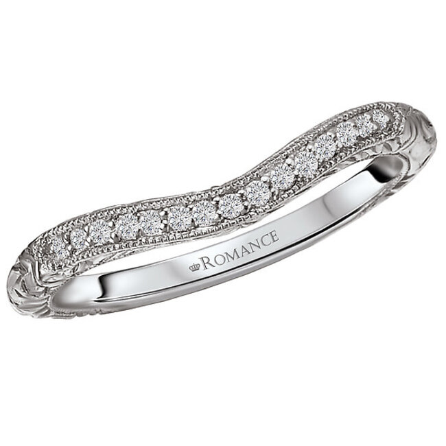Romance Curved Matching Diamond Wedding Band in 14kt White Gold with Milgrain Detail. (D .08 carat total weight)
