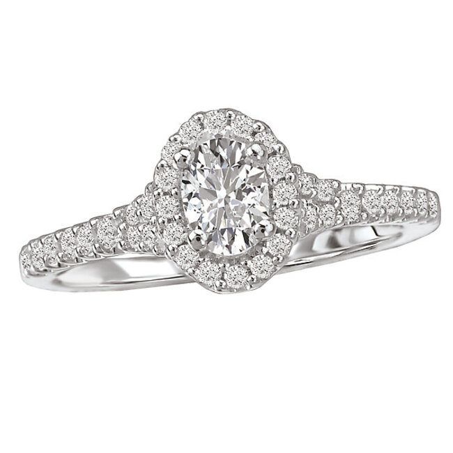 Romance This 14kt white gold engagement ring has diamonds along the shank on either side of an oval shaped halo that surrounds a center setting that will accommodate a 6x4mm oval shaped diamond. (D 1/3 carat total weight)
