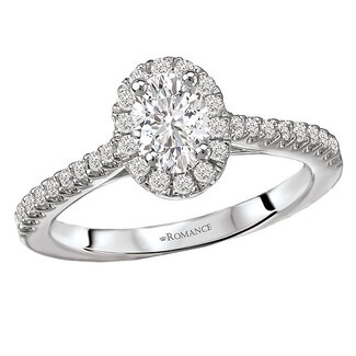 Romance Oval Shaped Halo Diamond Ring in 14kt White Gold. (D 1/4 carat total weight) This item is a SEMI-MOUNT and it comes with NO CENTER STONE as shown but it will accommodate a 6x4mm oval center stone.