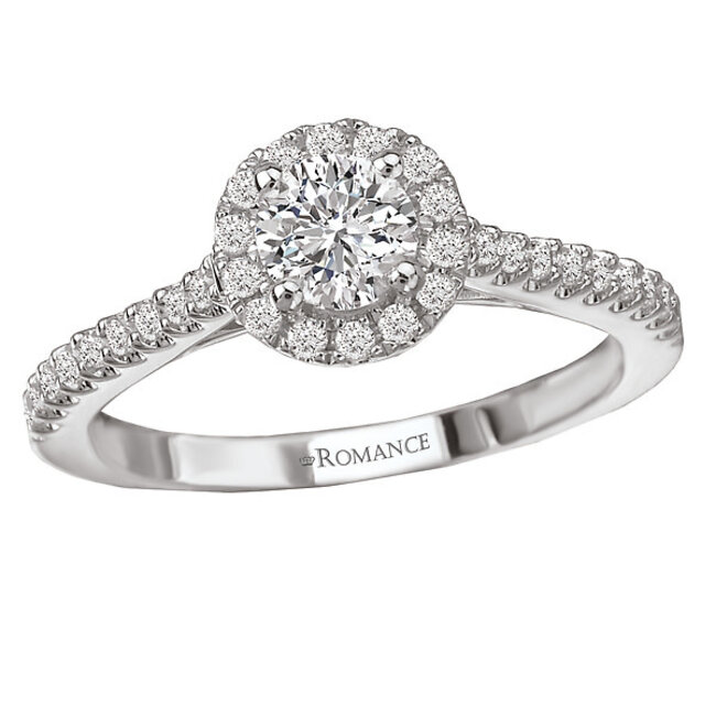 Romance This elegant bridal ring features a halo of sparkling round diamonds set in high polished 14k white gold. (D 1/4 carat total weight) This ring is a SEMI-MOUNT and it comes with NO CENTER STONE as shown but it will accommodate a 4.8mm round center stone.