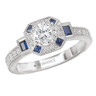 Romance Sapphire and Diamond Ring with Milgrain Detail in 14kt White Gold (D 1/2 carat weight, S 1/5 carat weight;  includes a round center stone of D 3/8 carat weight)