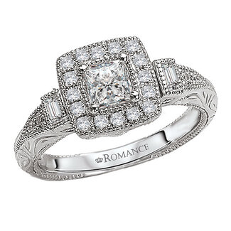 Romance Square halo diamond ring in 14kt white gold with etching and milgrain detail. (D 1/6carat total weight) This item is a SEMI-MOUNT and it comes with NO CENTER STONE as shown but it will accommodate a 4mm princess cut center stone.