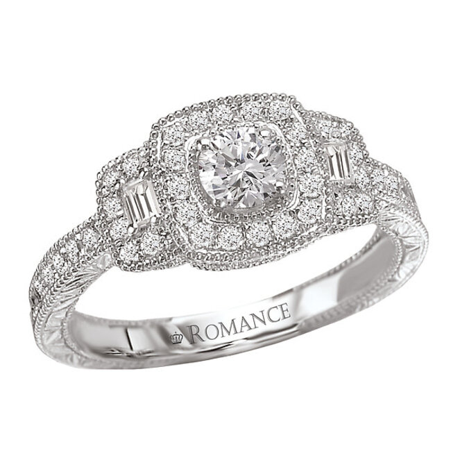Romance Triple Square Diamond Halo Ring in 14kt White Gold with engraving and milgrain detail. (D.3/8 carat total weight) This item is a SEMI-MOUNT and it comes with NO CENTER STONE as shown but it will accommodate a 4.4mm round center stone.