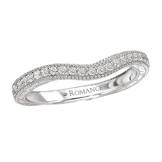 Romance Curved Diamond Wedding Band in 14kt White Gold with Milgrain and Etching Detail. (D.1/6carat total weight)