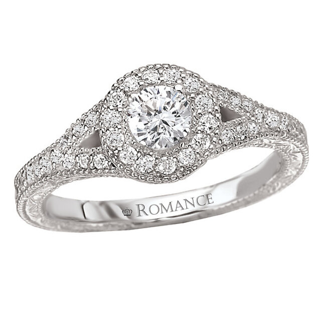 Romance Split V Shape Shank with Round Halo in 14kt White Gold. (D.1/2 carat total weight includes D1/4 carat round center)