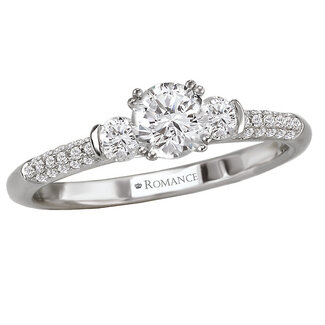 Romance 3-Stone Diamond Ring in 14kt White Gold. (D 1/3 carat total weight) This item is a SEMI-MOUNT and it comes with NO CENTER STONE as shown but it will accommodate a 4.8mm round center stone.