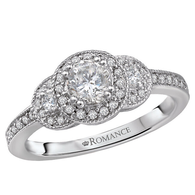 Romance Round Halo Diamond Ring with Half Moon Accent Side Stones in 14kt White Gold. (D 1/3 carat total weight)  (D .75 carat total weight;no center stone)