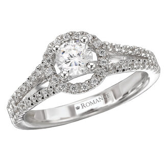 Romance This is an elegant semi-mount ring created in 14k white gold that features round faceted diamonds wrapping around the center stone and lining the split shank.  (D 1/4 carat total weight)