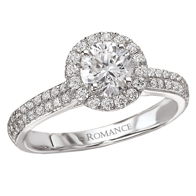 Romance Margarita Style Diamond Ring in 14kt White Gold with a Round Diamond Halo. (D 1/2 carat total weight) This item is a SEMI-MOUNT and it comes with NO CENTER STONE as shown but it will accommodate a 5.8mm round center stone.