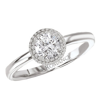 Romance Double row round diamond halo in 14kt white gold. (D1/2 carat total weight) This Includes a Round Center Stone of D 1/4 carat weight as Shown.