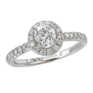 Romance Round Halo Diamond Ring in 14kt White Gold.  (D.1/4 carat total weight) This item is a SEMI-MOUNT and it comes with NO CENTER STONE as shown but it will accommodate a 4mm round center stone.