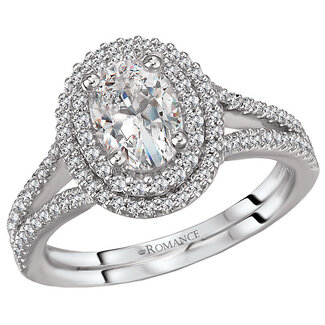 Romance Gorgeous split shank ring features a double row halo of round sparkling diamonds surrounding the center stone set in 14kt white gold. (D 3/8 carat total weight)