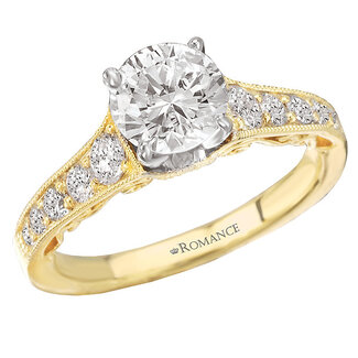 Romance Graduated Diamond Engagement Ring in 14kt Yellow Gold with a Peg Head Center Setting and Milgrain Detail. (D. 3/8 carat total weight) This item is a SEMI-MOUNT and it comes with NO CENTER STONE as shown but it will accommodate a 6.5mm round center stone.