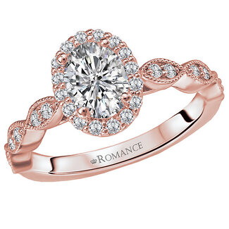 Romance Oval shaped halo diamond ring in 14kt Rose Gold with milgrain detail. (D 1/3 carat total weight) This item is a SEMI-MOUNT and it comes with NO CENTER STONE as shown but it will accommodate a 7.5x5.5mm oval center stone.