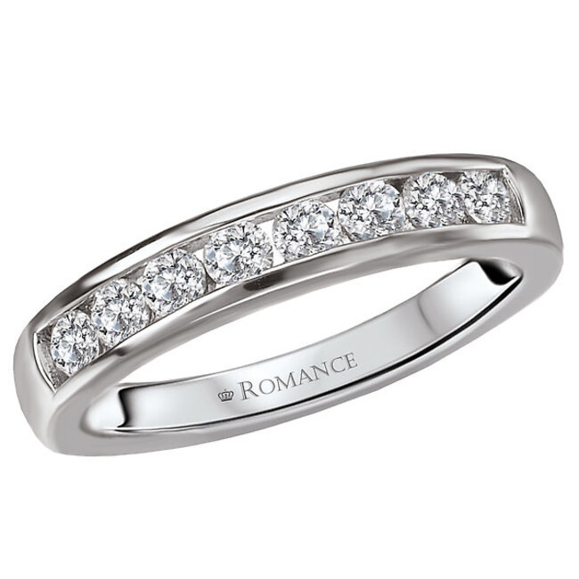 Romance This 14kt white gold wedding band has round sparkling diamonds channel set along the front. (D 3/8 carat total weight)
