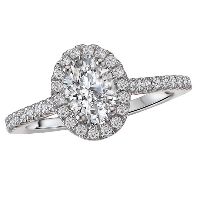 Romance Oval Shaped Halo Diamond Ring in 14kt White Gold. (D 1/3 carat total weight) This item is a SEMI-MOUNT and it comes with NO CENTER STONE as shown but it will accommodate a 7x5mm oval cut center stone.