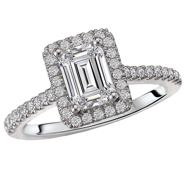 Romance Emerald shaped halo diamond ring in 14kt white gold. (D 1/4 carat total weight) This item is a SEMI-MOUNT and it comes with NO CENTER STONE as shown but it will accommodate a 7x5mm emerald cut center stone.