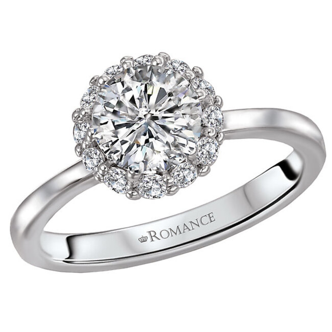 Romance Round Halo Diamond Ring in 14kt White Gold. (D 1/3 carat total weight). This item is a SEMI-MOUNT and it comes with NO CENTER STONE as shown but it will accommodate a 6.5mm round center stone.